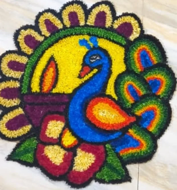 Peacock Handmade Woolen Rangoli Mat for Home Entrance – Lightweight, Washable & Reusable Festival Decoration image 1