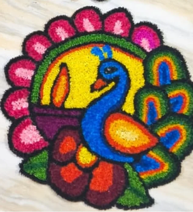 Peacock Handmade Woolen Rangoli Mat for Home Entrance – Lightweight, Washable & Reusable Festival Decoration image 1