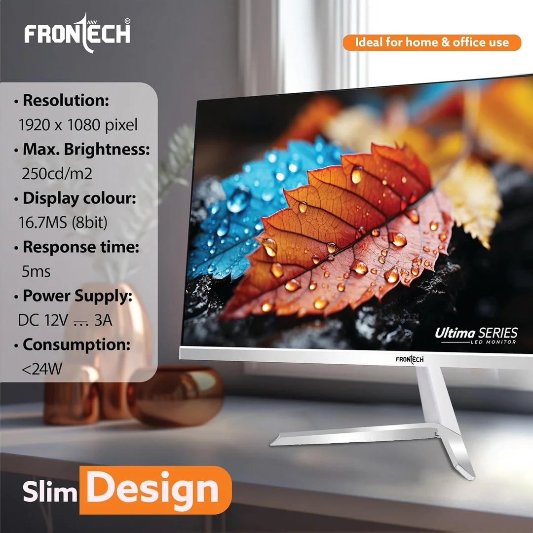 FRONTECH 24 Inch LED Monitor | 60.45 cm Full HD 1920x1080 IPS Panel, 100Hz, 250 Nits Brightness, HDMI VGA Connectivity, Slim Bezel Design, Wall Mountable | MON-0072, White image 2