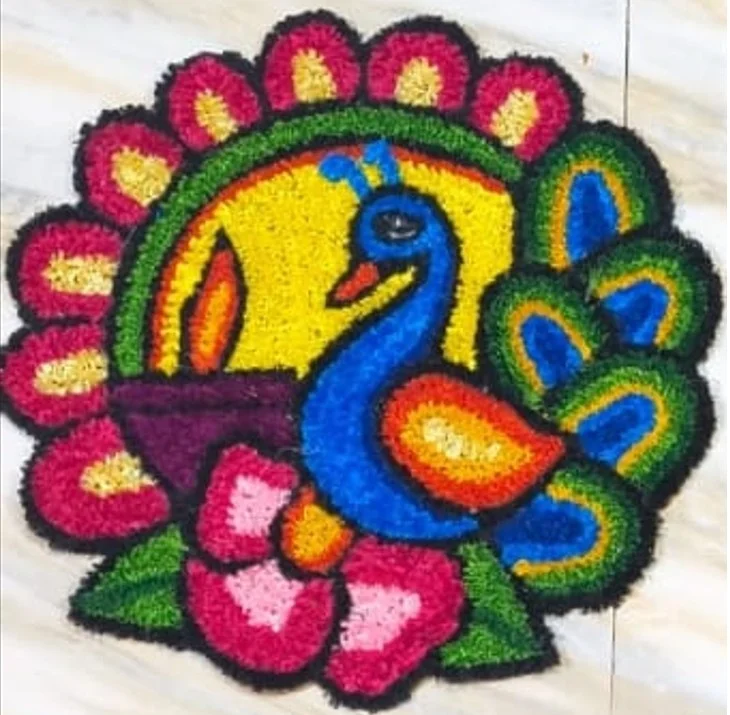 Peacock Handmade Woolen Rangoli Mat for Home Entrance – Lightweight, Washable & Reusable Festival Decoration image 1