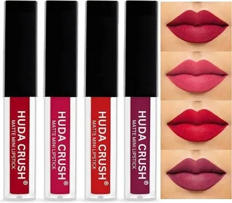 Huda Crush Mini Liquid Matte Lipstick Set Pack of 4 Long Lasting Waterproof Smudge Proof Transfer Proof Nude Pink Matte Lip Colour Combo Travel Size Lipstick Kit for Women image 1