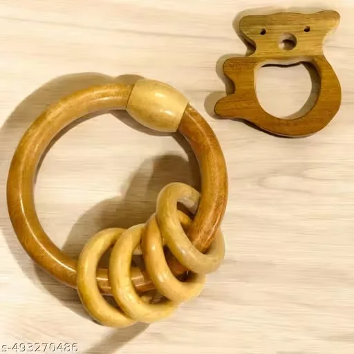 Natural Neem Wood Ring Rattle with Bear Shape Baby Teether Toy for Infants 0–12 Months Organic Chemical Free Wooden Teething Toy BPA Free Eco Friendly Baby Sensory Toy for Gum Relief image 1