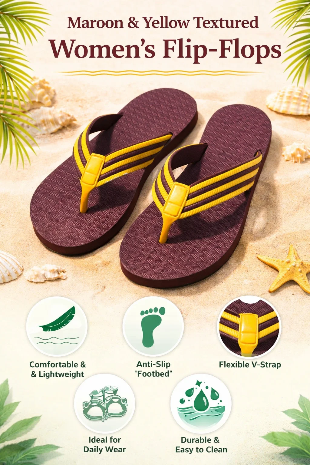 Women Brown Yellow EVA Flip Flops Slippers – Anti Slip Rubber Beach Thong Sandals Lightweight Casual Summer Bathroom Daily Wear Slippers for Women Women Brown Yellow EVA Flip Flops Slippers – Anti Slip Rubber Beach Thong Sandals Lightweight Casual Sum image 2