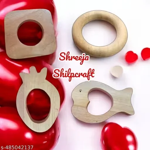 Shreeja Shilpcraft Neem Wooden Baby Teether Toys Pack of 4 Natural Organic Teething Rings Square Strawberry Fish Shape Gum Soother for Infants 3–12 Months BPA Free Eco Friendly Sensory Montessori Baby Chew Toy image 1