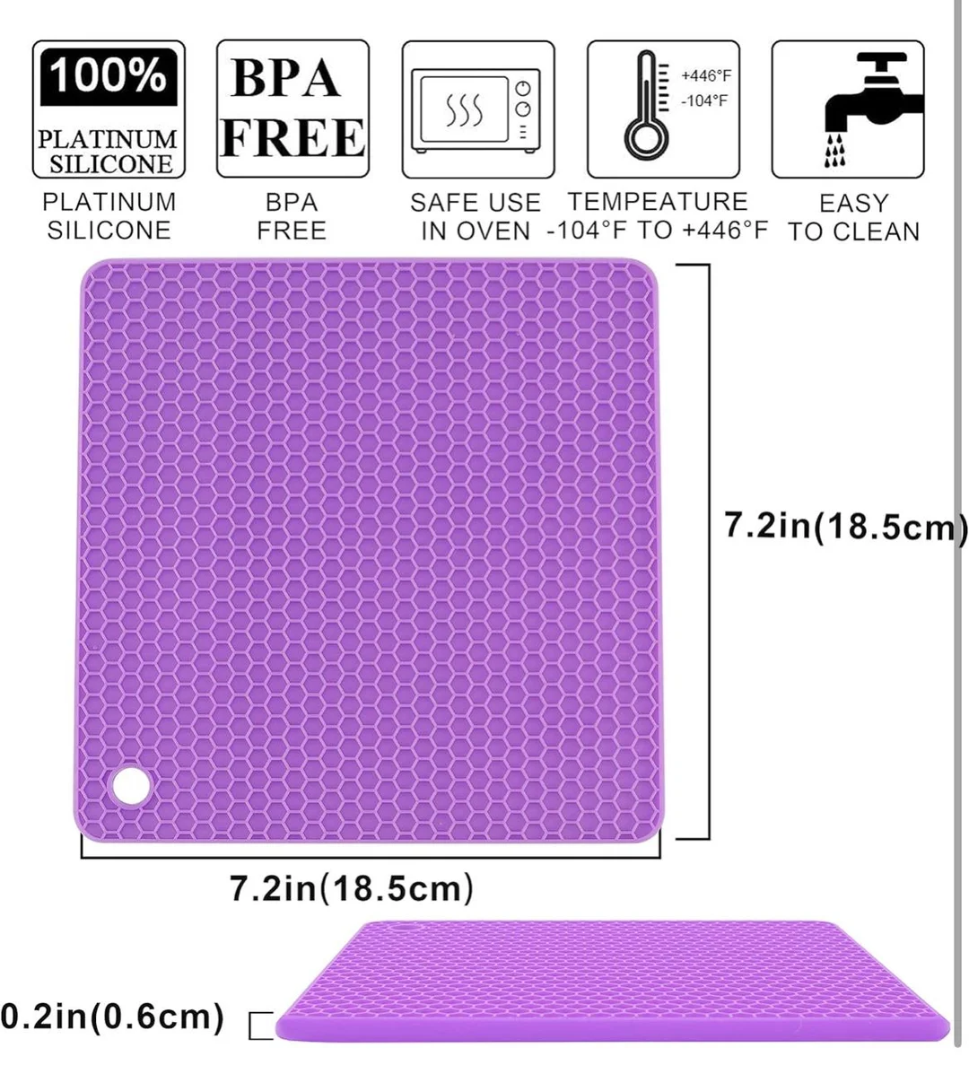 Purple Silicone Trivet Mat for Kitchen – Heat Resistant Hot Pot Stand (446°F), Non-Slip Honeycomb Pad, BPA Free Multipurpose Countertop Protector image 4