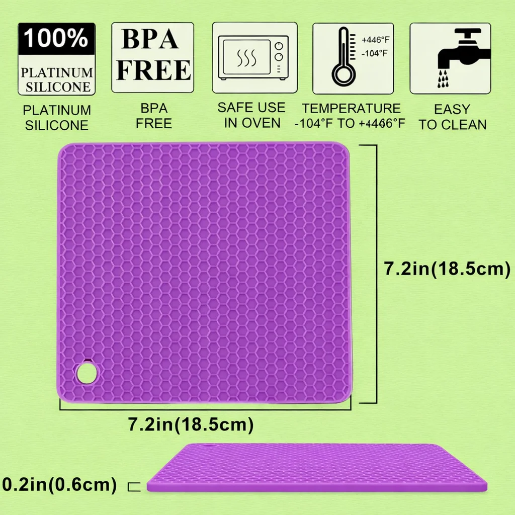 Multipurpose Silicone Trivet Mat (Purple) – 7.2 Inch Heat Resistant Pad for Hot Pots & Pans, BPA Free Non-Slip Kitchen Counter Mat image 4