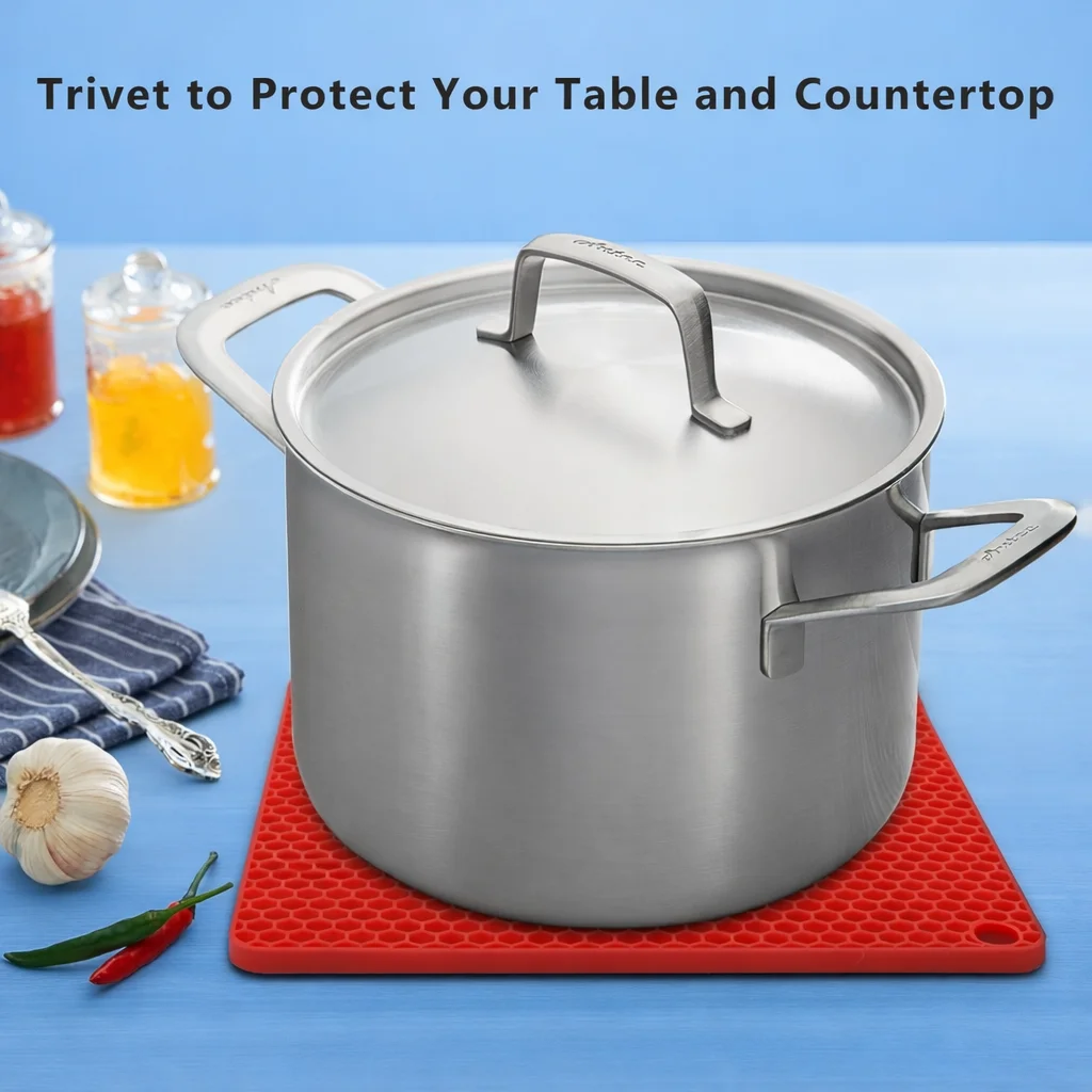 Silicone Heat Resistant Trivet Mat 7.2 Inch – Red Non-Slip Hot Pot Holder, Food Grade Kitchen Counter Protector Pad image 2