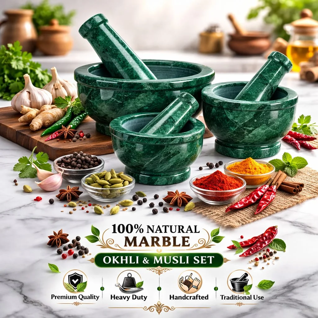 Green Marble Mortar and Pestle Set for Spices and Herbs Traditional Okhli Musal Kharal for Kitchen and Home GrindingPestle Set image 3