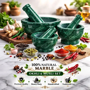 Green Marble Mortar and Pestle Set for Spices and Herbs Traditional Okhli Musal Kharal for Kitchen and Home GrindingPestle Set thumbnail 2