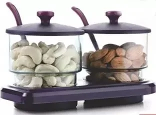 2 Compartment Dry Fruit Storage Container with Lid and Spoon BPA Free Plastic Candy Nut Serving Box for Cashew Almond Pistachio Snacks Kitchen Organizer image 1