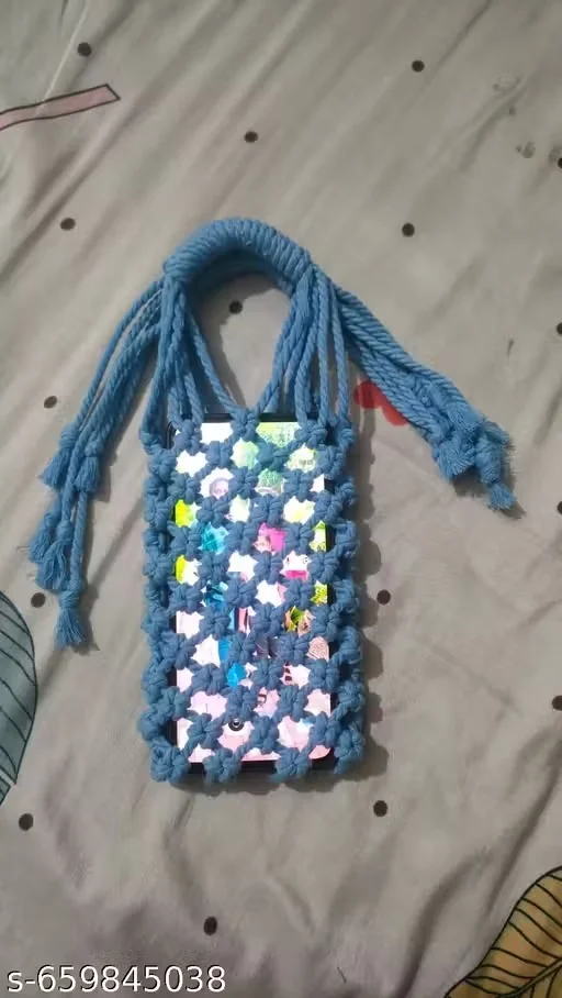 Handmade Macrame Mobile Sling Bag for Women Girls Blue Cotton Boho Phone Pouch Crossbody Mini Shoulder Bag Handwoven Knot Cell Phone Holder Travel Casual Fashion Purse image 1