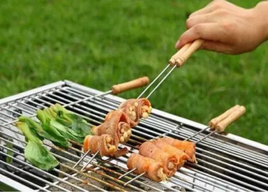 Stainless Steel BBQ Skewers with Wooden Handle Reusable Barbecue Grill Sticks Kabab Seekh Skewer Set for Tandoor Grill Paneer Chicken Vegetable BBQ Sticks thumbnail 1