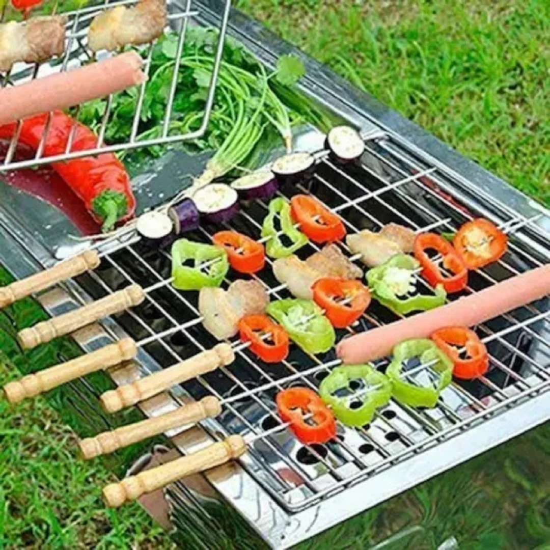 Stainless Steel BBQ Skewers with Wooden Handle Reusable Barbecue Grill Sticks Kabab Seekh Skewer Set for Tandoor Grill Paneer Chicken Vegetable BBQ Sticks image 3