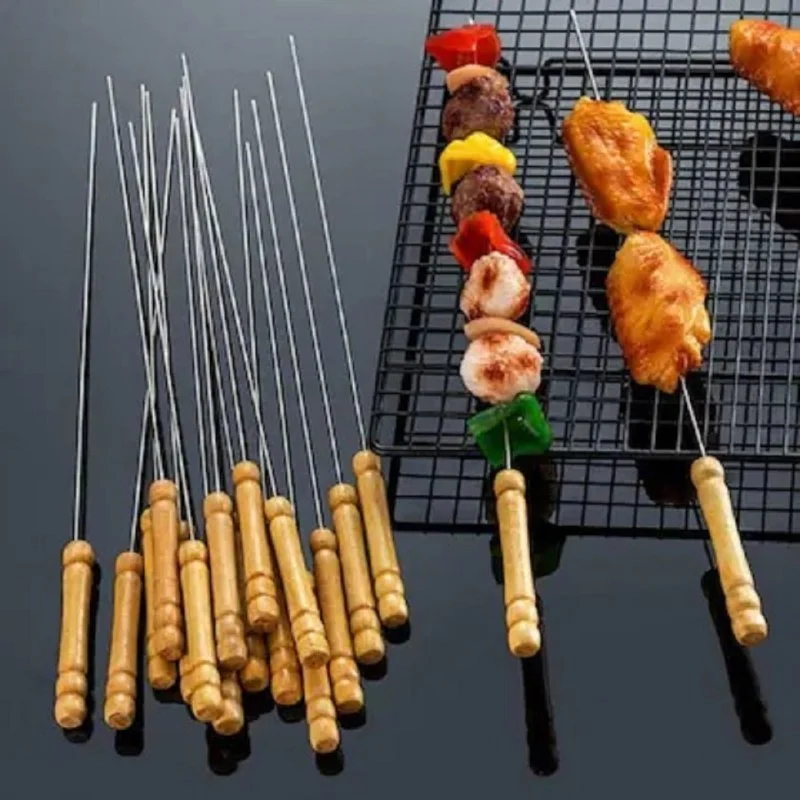 Stainless Steel BBQ Skewers with Wooden Handle Reusable Barbecue Grill Sticks Kabab Seekh Skewer Set for Tandoor Grill Paneer Chicken Vegetable BBQ Sticks image 1