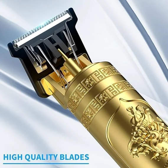 VINTAGE T9 Professional Hair Clipper, Gold Metal Body Beard Trimmer with USB Charging, Adjustable Blade, 4 Guide Combs, Cleaning Brush image 2