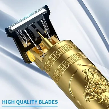 VINTAGE T9 Professional Hair Clipper, Gold Metal Body Beard Trimmer with USB Charging, Adjustable Blade, 4 Guide Combs, Cleaning Brush thumbnail 1
