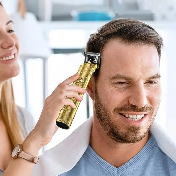 VINTAGE T9 Professional Hair Clipper, Gold Metal Body Beard Trimmer with USB Charging, Adjustable Blade, 4 Guide Combs, Cleaning Brush image 2