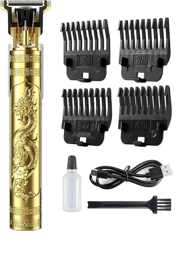 Vintage T9 Professional Hair Clipper & Beard Trimmer Cordless Rechargeable Grooming Kit with Gold Metal Body, USB Charging, Adjustable Blade and 4 Guide Combs for Men image 1