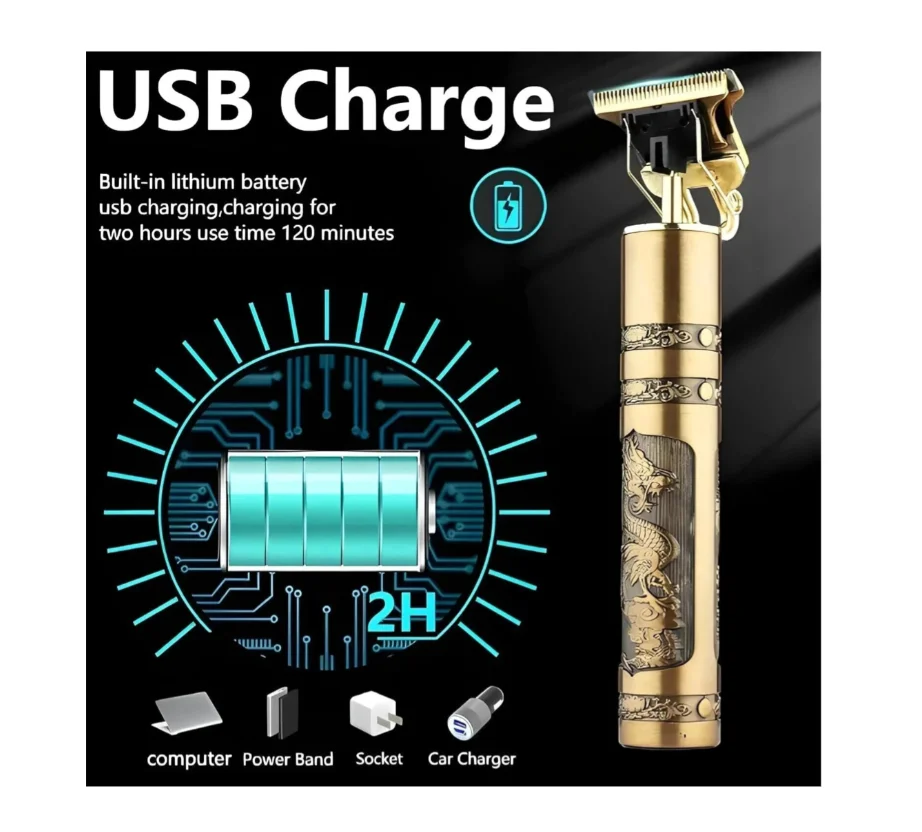 VINTAGE T9 Professional Hair Clipper, Gold Metal Body Beard Trimmer with USB Charging, Adjustable Blade, 4 Guide Combs, Cleaning Brush image 2