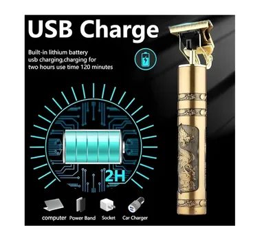 VINTAGE T9 Professional Hair Clipper, Gold Metal Body Beard Trimmer with USB Charging, Adjustable Blade, 4 Guide Combs, Cleaning Brush thumbnail 1