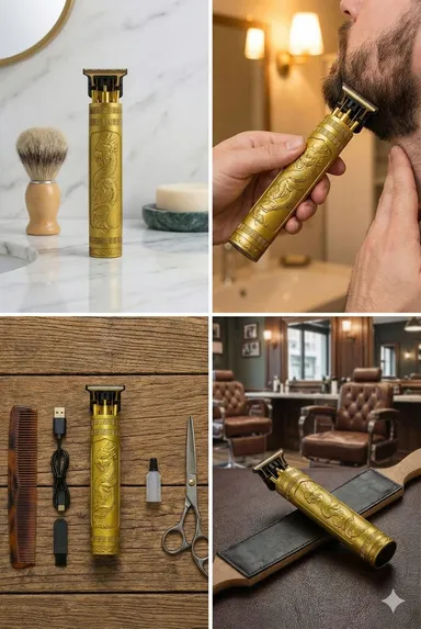 VINTAGE T9 Professional Hair Clipper, Gold Metal Body Beard Trimmer with USB Charging, Adjustable Blade, 4 Guide Combs, Cleaning Brush thumbnail 1