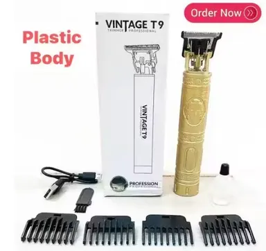 VINTAGE T9 Professional Hair Clipper, Gold Metal Body Beard Trimmer with USB Charging, Adjustable Blade, 4 Guide Combs, Cleaning Brush thumbnail 2