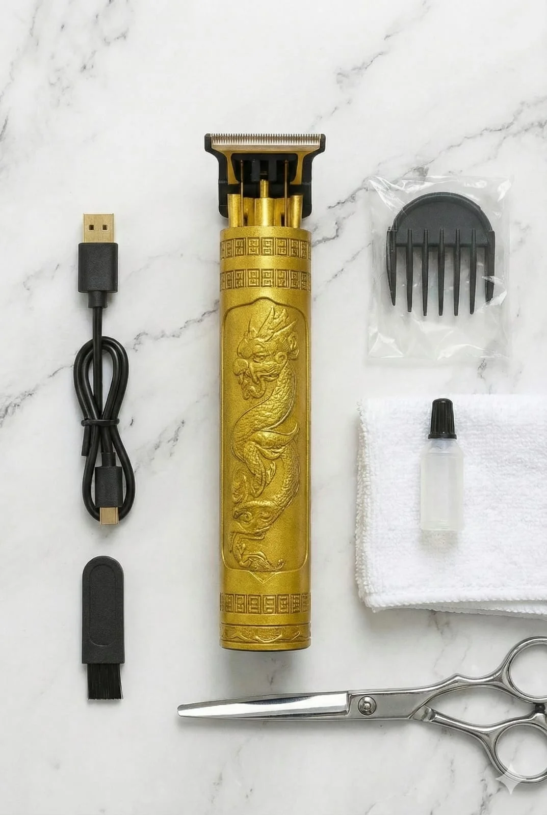 VINTAGE T9 Professional Hair Clipper, Gold Metal Body Beard Trimmer with USB Charging, Adjustable Blade, 4 Guide Combs, Cleaning Brush image 1
