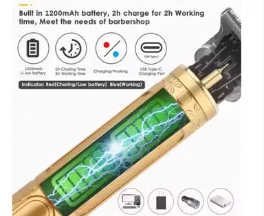 VINTAGE T9 Professional Hair Clipper, Gold Metal Body Beard Trimmer with USB Charging, Adjustable Blade, 4 Guide Combs, Cleaning Brush thumbnail 1