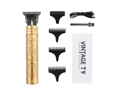 VINTAGE T9 Professional Hair Clipper, Gold Metal Body Beard Trimmer with USB Charging, Adjustable Blade, 4 Guide Combs, Cleaning Brush thumbnail 2