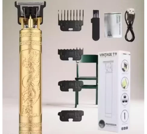 VINTAGE T9 Professional Hair Clipper, Gold Metal Body Beard Trimmer with USB Charging, Adjustable Blade, 4 Guide Combs, Cleaning Brush image 1