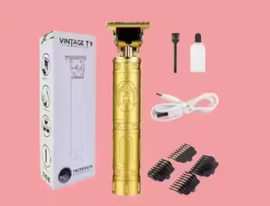 VINTAGE T9 Professional Hair Clipper, Gold Metal Body Beard Trimmer with USB Charging, Adjustable Blade, 4 Guide Combs, Cleaning Brush thumbnail 2