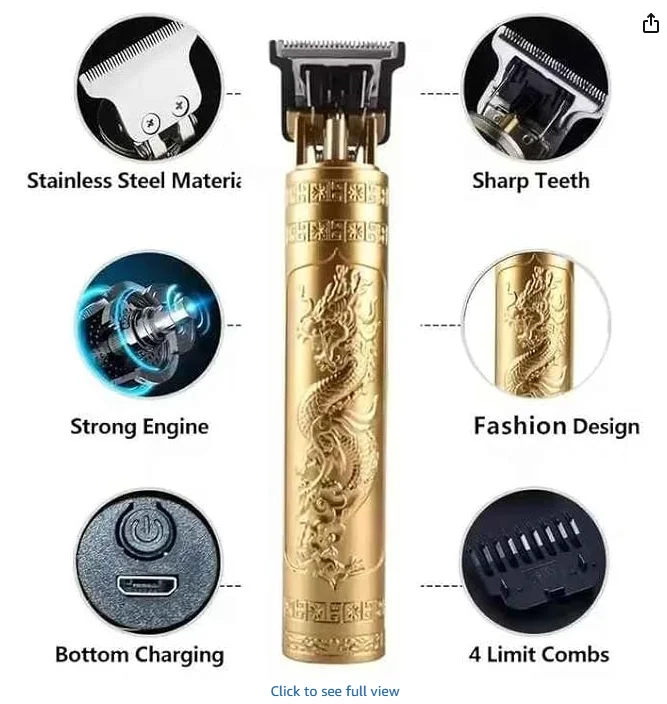 VINTAGE T9 Professional Hair Clipper, Gold Metal Body Beard Trimmer with USB Charging, Adjustable Blade, 4 Guide Combs, Cleaning Brush image 3