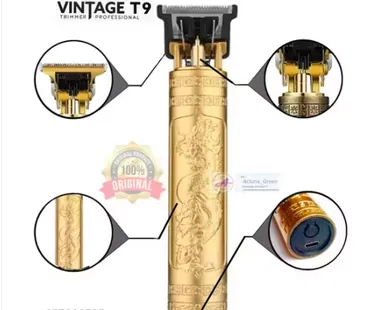 VINTAGE T9 Professional Hair Clipper, Gold Metal Body Beard Trimmer with USB Charging, Adjustable Blade, 4 Guide Combs, Cleaning Brush thumbnail 1