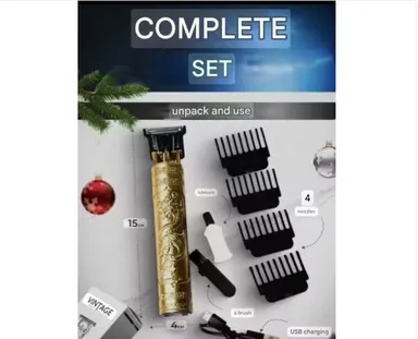VINTAGE T9 Professional Hair Clipper, Gold Metal Body Beard Trimmer with USB Charging, Adjustable Blade, 4 Guide Combs, Cleaning Brush thumbnail 2