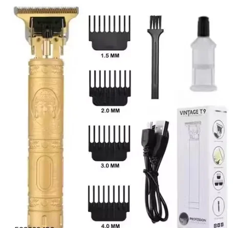 VINTAGE T9 Professional Hair Clipper, Gold Metal Body Beard Trimmer with USB Charging, Adjustable Blade, 4 Guide Combs, Cleaning Brush image 3
