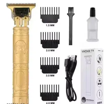 VINTAGE T9 Professional Hair Clipper, Gold Metal Body Beard Trimmer with USB Charging, Adjustable Blade, 4 Guide Combs, Cleaning Brush thumbnail 2