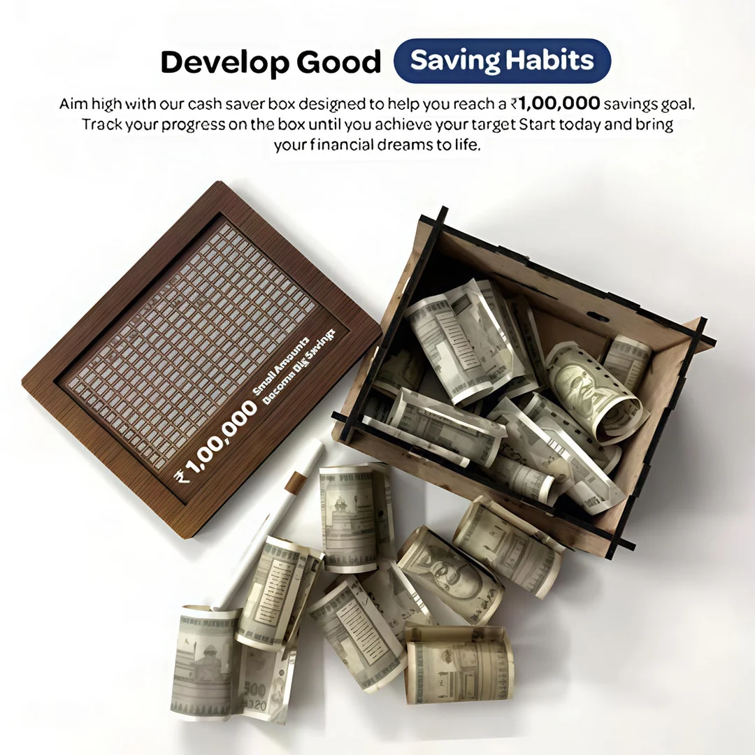 Wooden 1 Lakh Saving Challenge Box with Money Slot and Progress Tracker Board, Reusable Cash Saving Planner for 100000 Rupees Goal, Home Budget Saving Box Gift for Kids Adults Money Management Challenge image 2