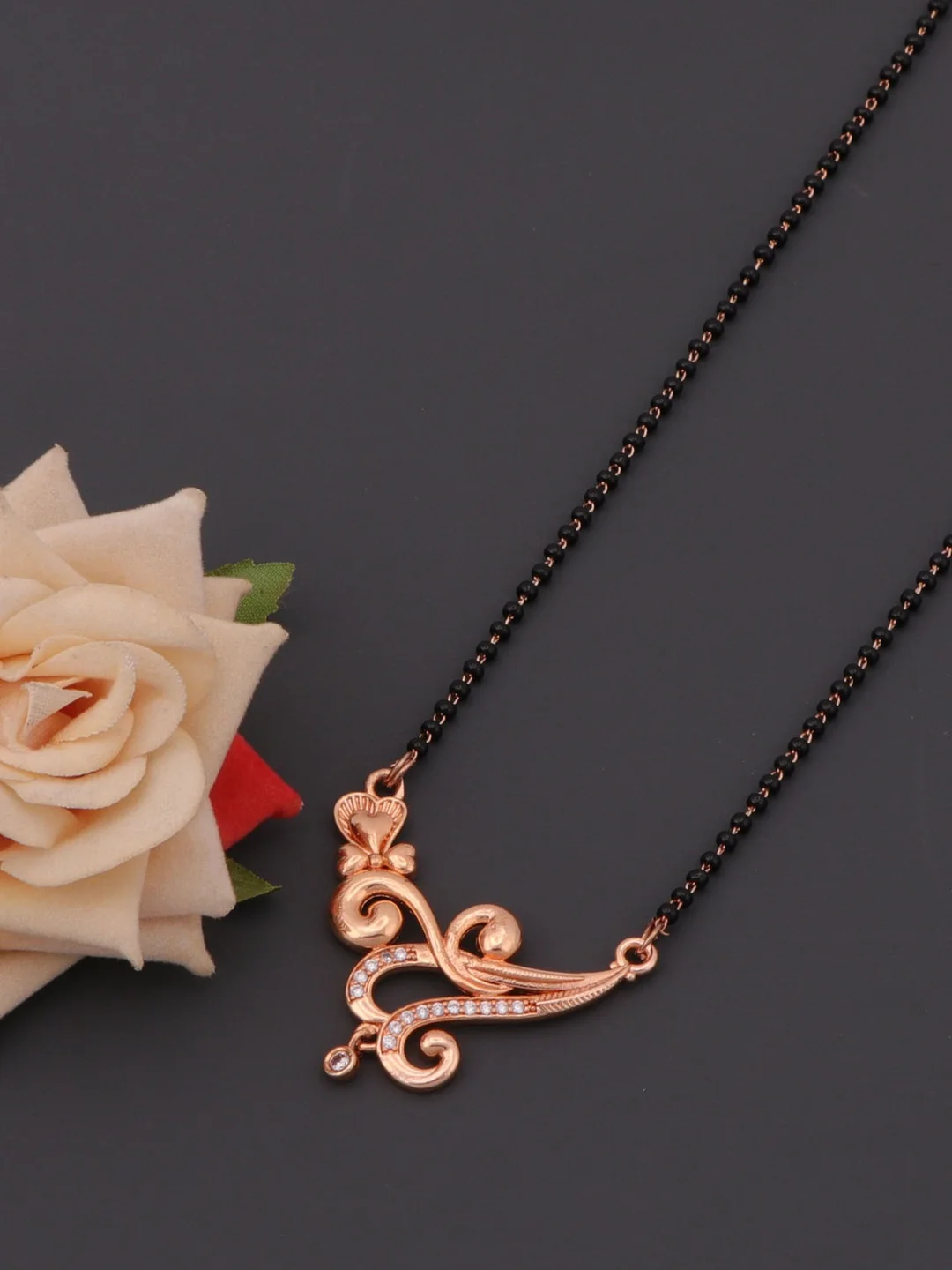 Rose Gold Plated Designer Mangalsutra Pendant Necklace for Women with Black Bead Chain Crystal Studded Traditional Modern Wedding Daily Wear Mangalsutra Jewellery image 2