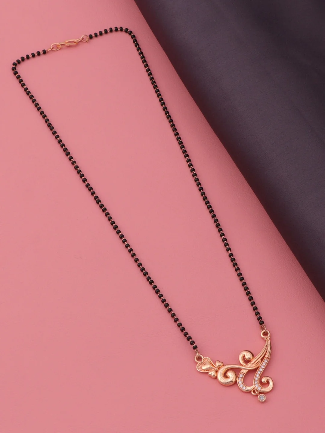 Rose Gold Plated Designer Mangalsutra Pendant Necklace for Women with Black Bead Chain Crystal Studded Traditional Modern Wedding Daily Wear Mangalsutra Jewellery image 3