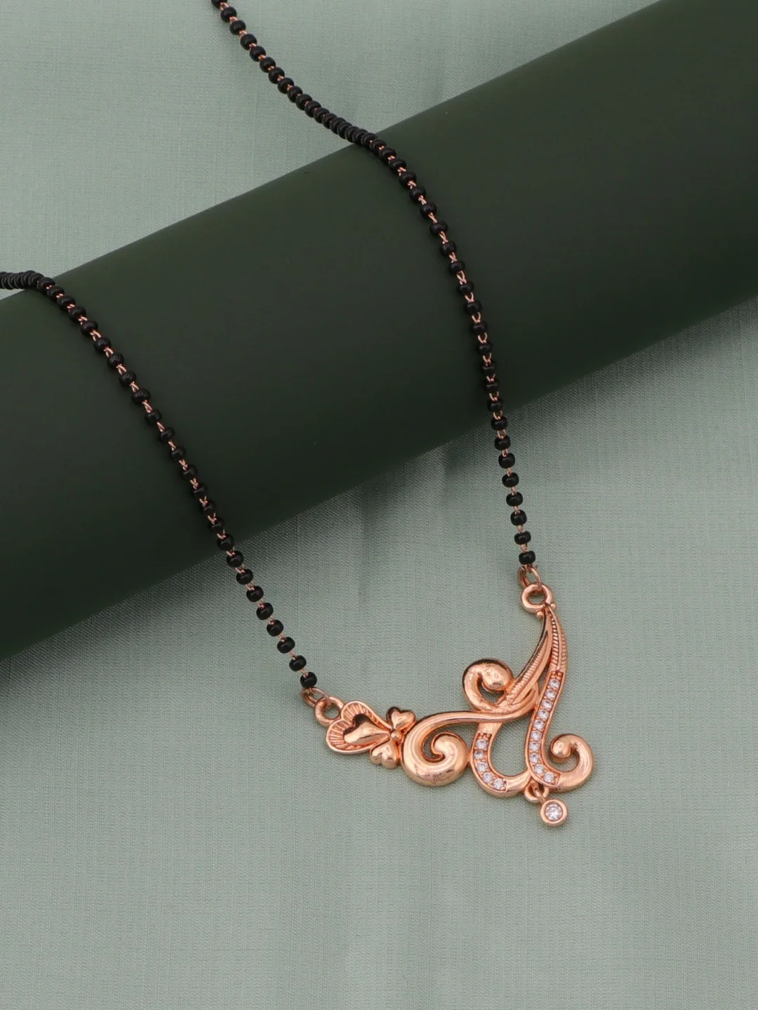 Rose Gold Plated Designer Mangalsutra Pendant Necklace for Women with Black Bead Chain Crystal Studded Traditional Modern Wedding Daily Wear Mangalsutra Jewellery image 4