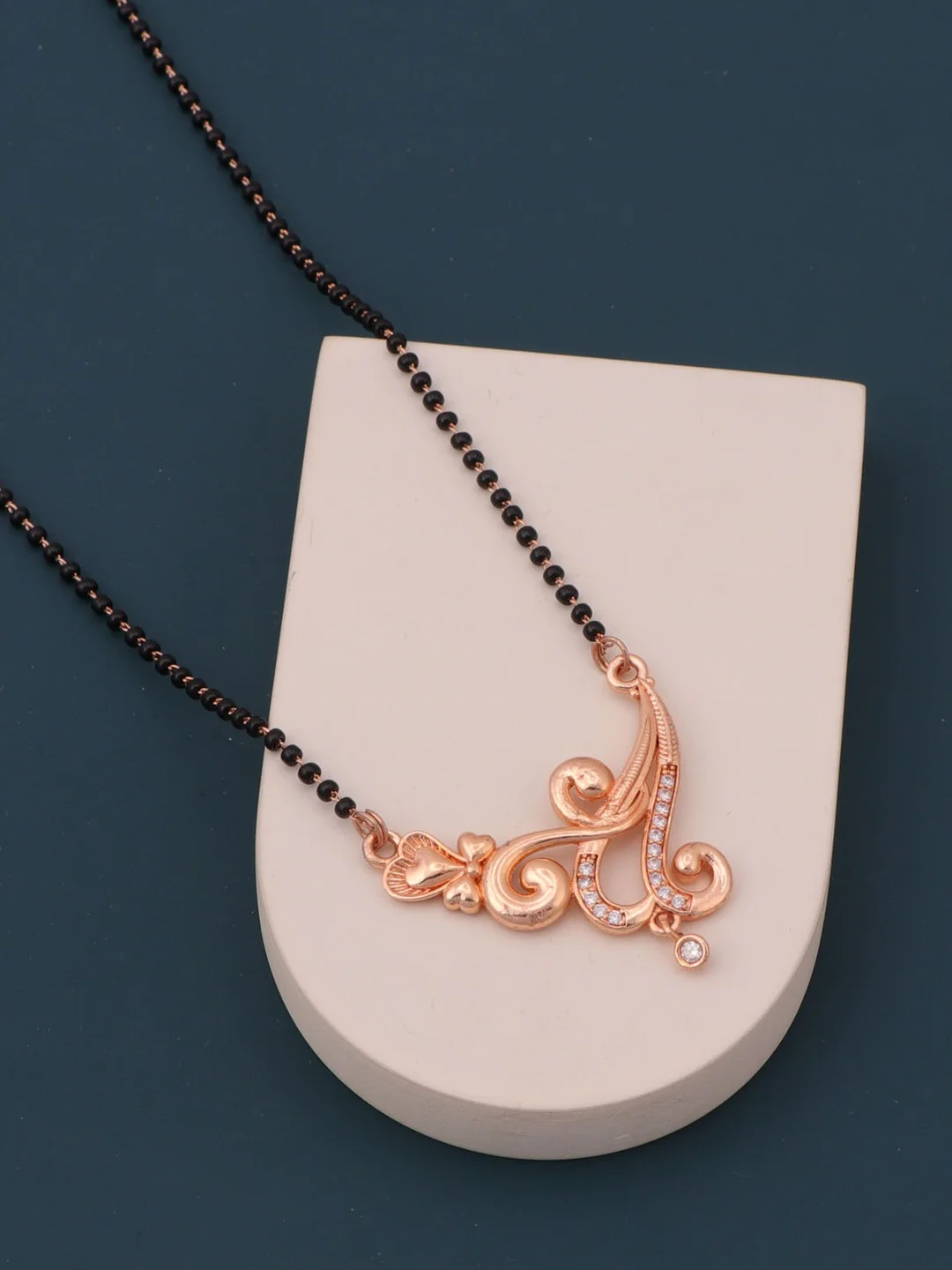 Rose Gold Plated Designer Mangalsutra Pendant Necklace for Women with Black Bead Chain Crystal Studded Traditional Modern Wedding Daily Wear Mangalsutra Jewellery image 1