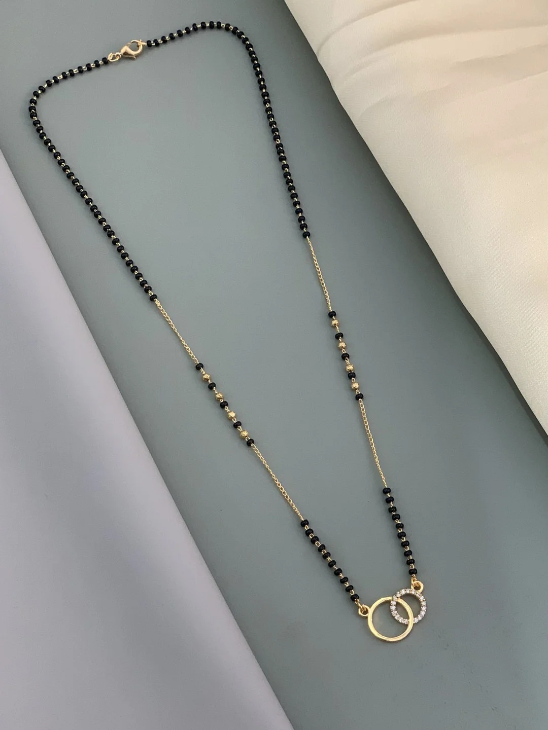 Gold Plated Mangalsutra Necklace for Women with Black Beads Double Ring Pendant Cubic Zirconia Wedding Mangalsutra Chain Traditional Indian Bridal Jewellery image 2