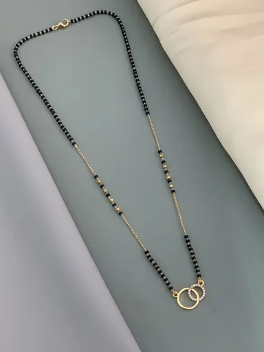 Gold Plated Mangalsutra Necklace for Women with Black Beads Double Ring Pendant Cubic Zirconia Wedding Mangalsutra Chain Traditional Indian Bridal Jewellery thumbnail 1