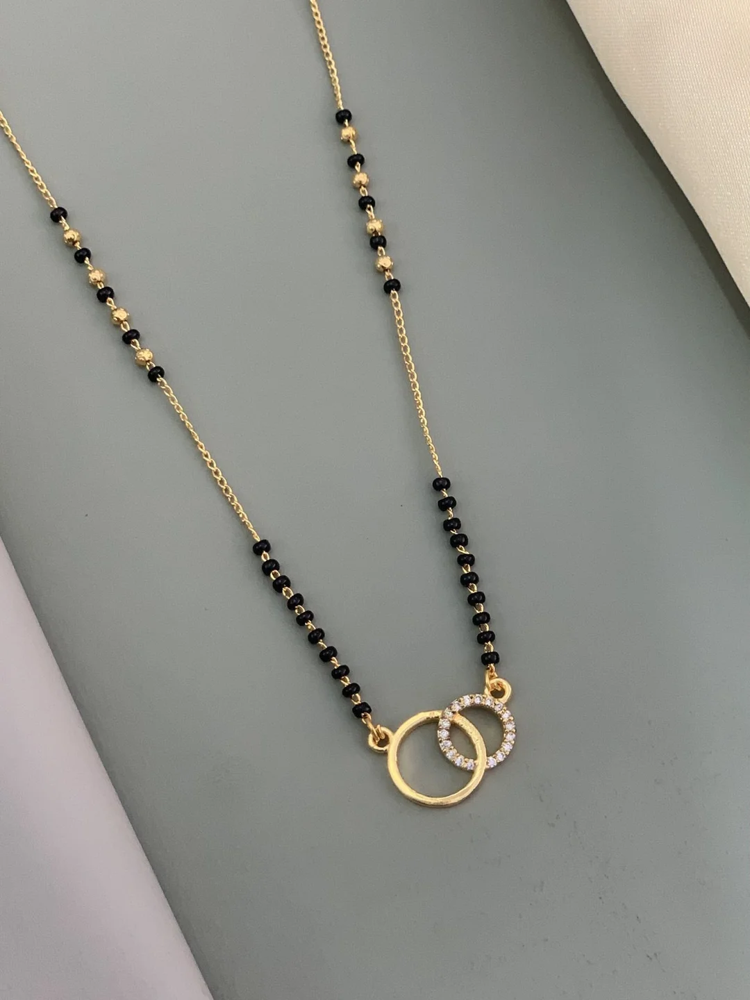 Gold Plated Mangalsutra Necklace for Women with Black Beads Double Ring Pendant Cubic Zirconia Wedding Mangalsutra Chain Traditional Indian Bridal Jewellery image 4