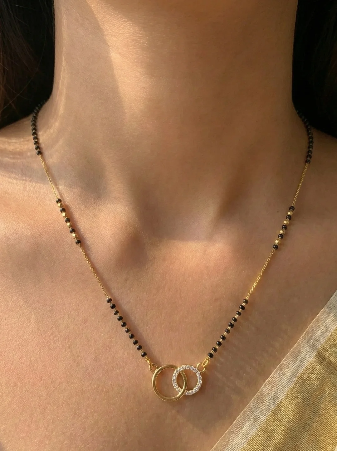 Gold Plated Mangalsutra Necklace for Women with Black Beads Double Ring Pendant Cubic Zirconia Wedding Mangalsutra Chain Traditional Indian Bridal Jewellery image 1