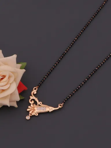 Gold Plated Traditional Mangalsutra Necklace for Women with Black Beads Chain, Designer Pendant with Stone Studded Floral Pattern, Lightweight Bridal Mangalsutra Jewellery for Daily Wear Wedding Gift thumbnail 1