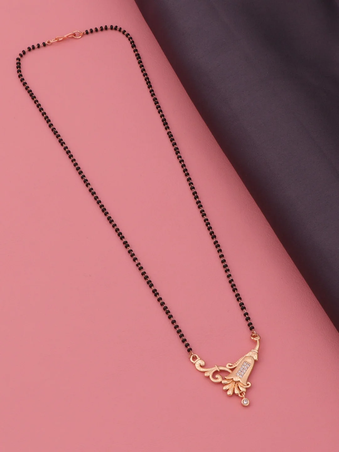 Gold Plated Traditional Mangalsutra Necklace for Women with Black Beads Chain, Designer Pendant with Stone Studded Floral Pattern, Lightweight Bridal Mangalsutra Jewellery for Daily Wear Wedding Gift image 3