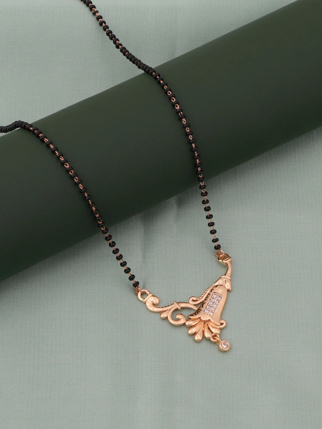 Gold Plated Traditional Mangalsutra Necklace for Women with Black Beads Chain, Designer Pendant with Stone Studded Floral Pattern, Lightweight Bridal Mangalsutra Jewellery for Daily Wear Wedding Gift image 4