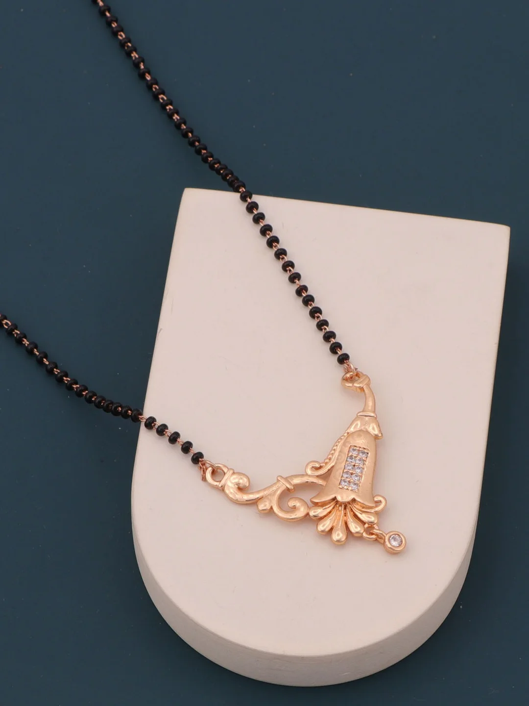 Gold Plated Traditional Mangalsutra Necklace for Women with Black Beads Chain, Designer Pendant with Stone Studded Floral Pattern, Lightweight Bridal Mangalsutra Jewellery for Daily Wear Wedding Gift image 1