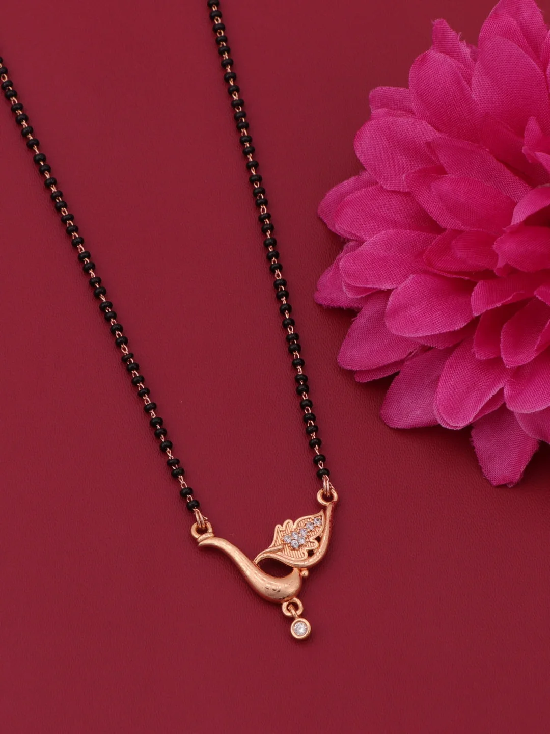 Rose Gold Peacock Mangalsutra Necklace with Black Beads and Cubic Zirconia Pendant for Women Traditional Indian Mangalsutra Jewellery Daily Wear Bridal Ethnic Chain image 3